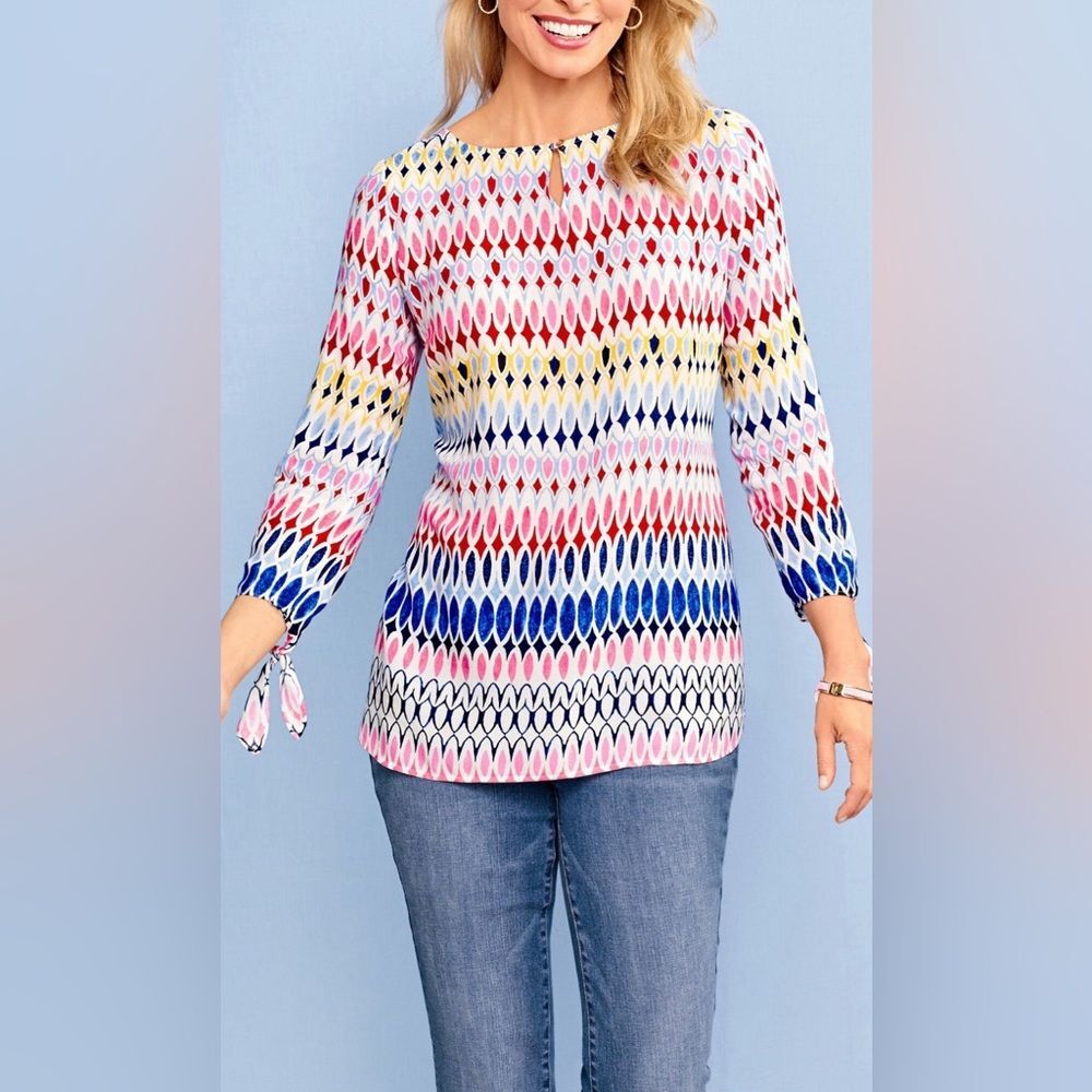Talbots Top Womens Med  White Rainbow Ovals Bright Color Thin Lightweight Boho